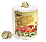フローラルPiggy Bank by lunarable、Nature Beauty Inspired Watercolor Poppy花びらMeadowアート印刷、印刷セラミックコイン銀行お金ボック