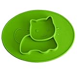 Kukeベビー食器　　ランチプレートランチ皿子供用　シリコンミニマットかわいい猫　キッズ食事マットウサギ　かわいい　離乳食　ぴったり吸着 丸洗い 滑り止め　グリーン