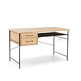 パソコンデスク デスク 机 引き出し2杯付き ラック付き 天然木板 木製 幅120cm ナチュラルブラック