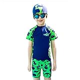 子供水着 キッズ水着 子供 恐竜柄 恐竜 男の子 水着 みずぎ アニマル 水着 かわいい 着せやすい 帽子付き 3点セット 男児水着 グリーン (L, グリーン)