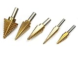 iimono117 ステップドリル スパイラル タケノコドリル 収納 木箱 ケース 付き チタンコーティング 穴あけ バリ取り 面取り 穴拡大 (5本セット)