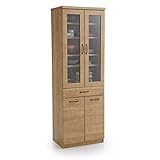 LOWYA （ロウヤ） 食器棚 耐震ラッチ付き ガラス扉収納 可動棚 引き出し アンティーク調 リアル木目 幅60cm 国産 Bタイプ ナチュラル おしゃれ