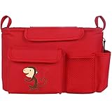 GudeHome ベビーカーバッグ 収納バッグ 多機能小物入れ ベビーカー用 ドリンクホルダー ネット バッグ（モンキー，レッド）