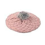 ファーボンボン付きキッズニット帽 キッズ ニット帽 かわいい 子ども 帽子 ざっくり編み 可愛い プレゼント ベビー キャップ 冬 防寒 暖かい ファー ボンボン ベレー帽 3color (ピンク)