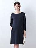 Angeliebe エンジェリーベ マタニティ ワンピース 授乳口 付 コットン 100％ ボート ネック サック ワンピ 妊婦服 産前 産後 S ～ M ネイビー
