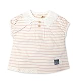 (ピンク/80cm)ベビー服 女の子 Tシャツ 半袖 UZULAND ウズランド Aライン レース襟 ワッペン 裾レース装飾 襟後スナップボタン付き 襟リブ ボタン装飾 ボーダー柄 女児 ベビー