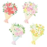 メッセージ カード + 封筒 4種セット ありがとう お祝いカード 花束 花 フラワー ブーケ 型 薔薇 ローズ グリーディング お祝い 祝福 (ブルー/グリーン/ピンク/イエロー)