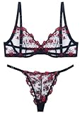 [Maeau] ランジェリー 美乳 ブラジャー ショーツ セット レース 下着 シースルー レディース インナー セクシー 女性 刺繍 花柄 パッドなし ブラ 薄い 透け感 黒-赤花 L