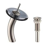 Kraus KGW-1700-PU-10SN-BLCL Single Lever Vessel Glass Waterfall Bathroom Faucet Satin Nickel with Bl