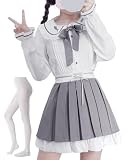 [JIURUN] 制服 ワンピース ロリータ コスプレ 女子高生 女装 ロリータ服 大きいサイズ 森ガール ワンピース 制服 ブレザー スカート jk 制服 セット 学生服 ブラウス プリーツスカート cosplay lolita 学園風 ゆったり ゆめかわいい (シャツ＋スカート+白いタイツ, M)