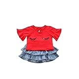 女の子の服 Ｔシャツ+スカート 夏 2セット Pojour 1-6歳キッズ用 子供かわいい服 綿 通気 赤(80cm)
