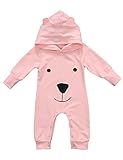 ベビー　カバーオール　長袖　ロンパース　クマさん　熊　耳　付き　子供服　ベビー服　キッズ服　男女兼用　可愛い　ジャンプスーツ　白　ピンク　０～２4ヶ月設定　帽子付き　春秋冬　60　70　80　90 (