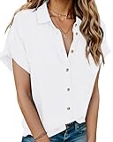 [Hotouch] ブラウス レディース 半袖 シャツ 夏 高通気性 薄手 着痩せ ゆったり トップス 100%コットン ボタン付き Vネック 無地 春 秋カジュアル オフィス 普段着（S~XL）