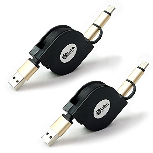 【USB Labo】micro USB - microUSB タイプC 兼用 巻き取りケーブル type Cアダプタ付で両方使える ブラック 1M 2017-2018モデル 2個セット