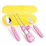 練習箸　キッズ用　トレーニング箸　子供用品　3点セット　右手用　ケース付き　箸、スプーン、フォーク　 (ピンク)