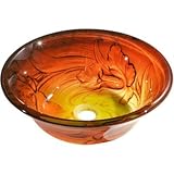 Y Decor VANTAGE Flowery Burnt Vessel Sink, Orange/Yellow/Black, 15.5" L x 15.5" W x 5" D [並行輸入品]