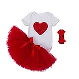 ALLAIBB ベビー服 女の子 半袖 ロンパース チュチュスカート レッド ヘアバンド 3点セット 誕生日 出産祝い 愛心柄 XL