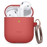 elago AirPods 対応 ケース カラビナ リング 付 シリコン 製 シンプル デザイン 落下防止 カバー 耐衝撃 傷防止 保護 アクセサリー HANG CASE [ Apple AirPods1 / AirPods2 Wireless Charging Case 対応 エアーポッズ ] レッド