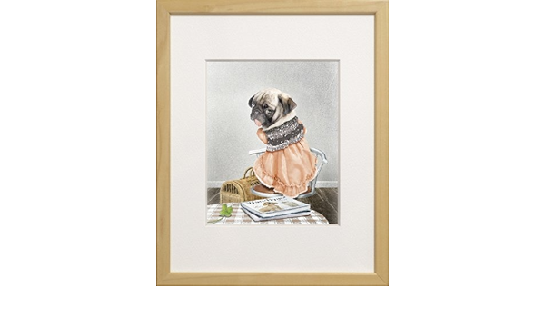 Amazon パグ Pug イラスト 絵 肖像画 ラッキーパグと四つ葉のクローバー パグ ブリーダー さんに感謝 アートフレーム ポスター オンライン通販
