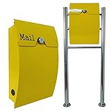 郵便ポスト郵便受けおしゃれ北欧風飾りバー付スタンド型ダイヤル錠付プレミアムステンレスイエロー黄色ポストpm06f-pm163