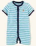PORO RALPH LAUREN（ラルフ ローレン）前開き ラグラン ボーダー コットン ショート ワンピース カバーオール（水色・紺色・緑色）【月齢：9ヶ月】（並行輸入品） (9M（9ヶ月）, 水