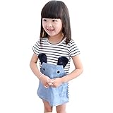 Domybest　子供服 女の子 ワンピース　デニムスカート　ガールズ ワンピース 子供ドレス　ストライプ　カジュアル　通園　通学　お出かけ　普段着 衣装 (110（4-5歳）)