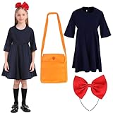 [DERAYEE] キキ コスチューム ハロウィン ワンピ 魔女 仮装 カチューシャ付き 3点セット 110～140cm 女の子 ダークネイビー 魔女の宅急便 衣装 子供用 コスプレ 日常着 学園祭 (140)