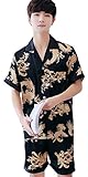 DeBangNi メンズ ルームウェア 前開き パジャマ 夏着 薄手 半袖シャツ 短パン セットアップ 柄 プリント ツルツル 涼しい 寝間着 上下セット ゆったり コンフォート おしゃれ 魅力感ブラックN5