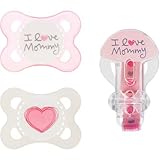 MAM(マム ）　I Love　Mommy　pink おしゃぶりホルダー＆おしゃぶり　２個セット [並行輸入品]