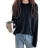 [OMKUY] レディース トップス 長袖tシャツ クルーネック オーバーサイズ 着痩せ カットソー 無地 ロングスリーブ 丸首 重ね着 秋服 インナー ゆったり 部屋着 ビッグシルエット 伸縮性 カジュアル シンプル 白 黒（黒 L）