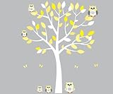 Childrens壁デカール、ホワイトツリー壁デカール、フクロウ壁デカール、フクロウステッカー Full Decal: Small Vinyl Tree イエロー 6REG_OWLS_SmTree_y