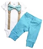 Baby Boy Coming Home Outfit with Bow Tie andサスペンダーin Aqua カラー: ブルー