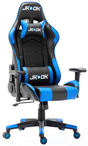 JKOOK ゲーミングチェア オフィスチェア デスクチェア ゲーム用チェア PCチェア ウレタン 快適な座り心地 ひじ掛け付き ランバーサポート PUレザー リクライニングチェア パソコンチェア 耐重150kg 静音キャスター 1年間無償部品交換保障 ST01 (青)