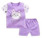 ふく福 可愛い綿キッズベビー半袖 Tシャツ+半ズボン 上下セット子供用 パジャマ ルームウエア 薄手ソフト丸首 春夏 男女の子兼用 子供の日プレゼント誕生日 パンダ 象 猫 (猫, 80cm)