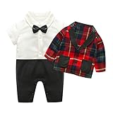 Domybest ベビー服　ロンパーススーツ フォーマル セレモニーロンパース オーバーオール チェック柄　男の子 紳士服　コート　ロンパース　上下セット 長袖 ジェントルメン蝶結び 新生児 幼児 結