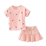 Karchi 子供服　ガールズ用 ベービー服 女の子 上下セット 半袖五角の星形プリントTシャツ+ショートスカート　 膝丈　 2点セット 子供誕生日プレゼント 女の子 新生児 春夏服 出産祝い 全2色