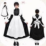[GOKEI] メイド服 メイドコス ハロウィン メイドコスプレ衣装 ロング丈 ５点セット 女性 大人 メンズ 男性用 かわいい ロリータドレス エプロンドレス レース 裾フリル 大きいリボン ウェイトレス メイド コスチューム カッフェ 喫茶店 制服 仮装 ワンピース エプロン カチューシャ 蝶結び 手袋 L
