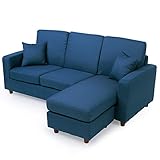 レイアウト自由 オットマン付き 天然木フレーム 3人掛け ファブリック コンパクト ソファ カウチソファ 幅183cm ネイビー