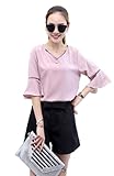 【Smile LaLa】 レディース フレア スリーブ フェミニン シフォン 五分袖 シンプル ブラウス チャーム ストラップ 付き Vネック (ピンク, XL)