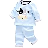 KINDOYO 4サイズの子供服ベビー服男性と女性の赤ちゃん服ラウンドネック長袖 トップス+ズボン 牛パターン, ブルー