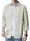 [Renze] シャツ メンズ 七分袖 メンズ 服 夏服 綿 無地 シャツ ビジネス カジュアルシャツ お洒落 トップス 大きいサイズ シャツ メンズ 服 春秋 トップス メンズ シャツ khaki-2XL