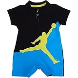 NIKE(ナイキ)エア・ジョーダン Air Jordan 男の子用黒x水色xイエローエアジョーダンジャンプマン刺繍ロゴ入り半袖襟付きポロロンパース (6-9months（身長約70-75cm）) [並