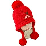 ベビー ニットキャップ ポンポン 耳 あったか 6-24ヶ月MERRYCHRISTMASロゴ(レッド)