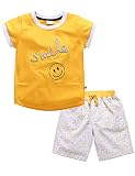 （マクスリンディー）MaxLindy 子供パジャマ 綿100% ベビー服 寝間着 2点セット 半袖 可愛い 微笑み柄 赤ちゃん服 1－5歳 品質認証 男女兼用（イエロー,120CM）