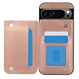XIMAND for Google Pixel 9 Pro XL ウォレットケース、クレジットカードホルダー3個付き、RFIDブロッキング、PUレザーダブルマグネット留めキックスタンド、高耐久保護カバー。(ローズゴールド)