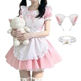 [FULINE] メイド服 コスプレ 萌え メイド タイツ付きフルセット 定番 ショート丈 可愛い レース メイドコスチューム 豪華セット ロリータ レディース 仮装 女装 人気 学園祭 撮影 pink L