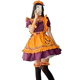 [RPFLQ] ハロウィン メイド服 オレンジ コウモリ コスプレ ハロウィン 仮装 レディース エプロン カチューシャ 衣装 可愛い 大人用 ワンピース 7点セット ニーハイソックス付き (XL)