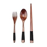 FengYun 日本製天然木製食器セット4点セット（スプーン1本、箸1本、フォーク1点、食器棚1点）