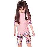 [FERE8890] 女の子 ベビー 水着 セパレート 半袖 プリンセス 日焼け止め サーファー 子供服 サーフパンツ UV加工（UPF 50+） 花柄 切替え ファッション 丸襟 ピンク 100cm