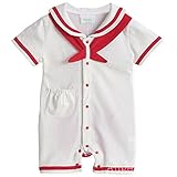 (ポルトプエルト) Porto Puerto 綿 半袖 マリン風 ロンパース 男の子 女の子 ベビー 赤ちゃん 80㎝ 紺色 白 赤 カバーオール トップス 夏服 (レッド)